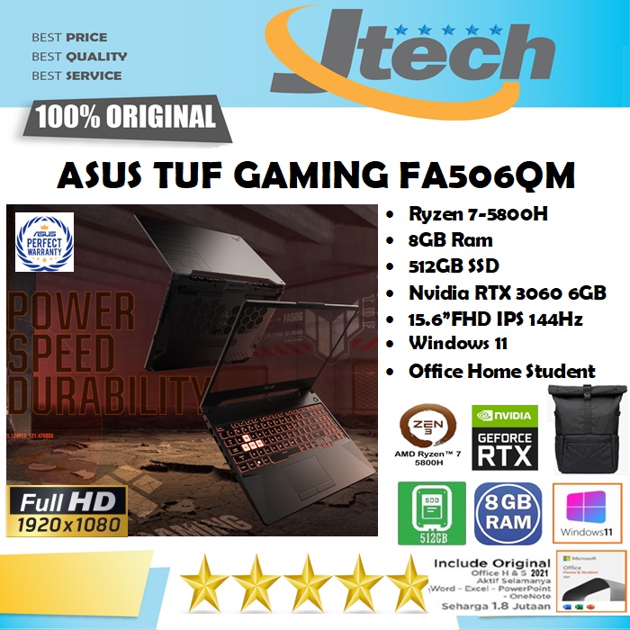 ASUS TUF GAMING A15 FA506QM - RYZEN 7-5800H - 16GB - 512GB SSD - RTX3060 6GB - 15.6&quot;FHD - WIN11 - OFFICE HOME STUDENT