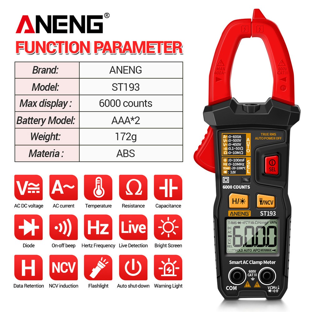 ANENG Digital Multimeter Voltage Tester Clamp - ST193 - Red