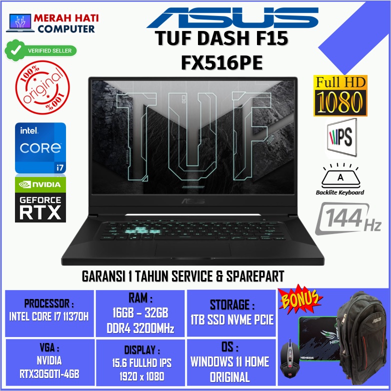 Laptop Gaming Slim ASUS TUF F15 FX516PE GAMING INTEL I7 GEN11 40GB 1TBssd RTX3050Ti FHD 144Hz RGB BACKLITE WINDOWS 10