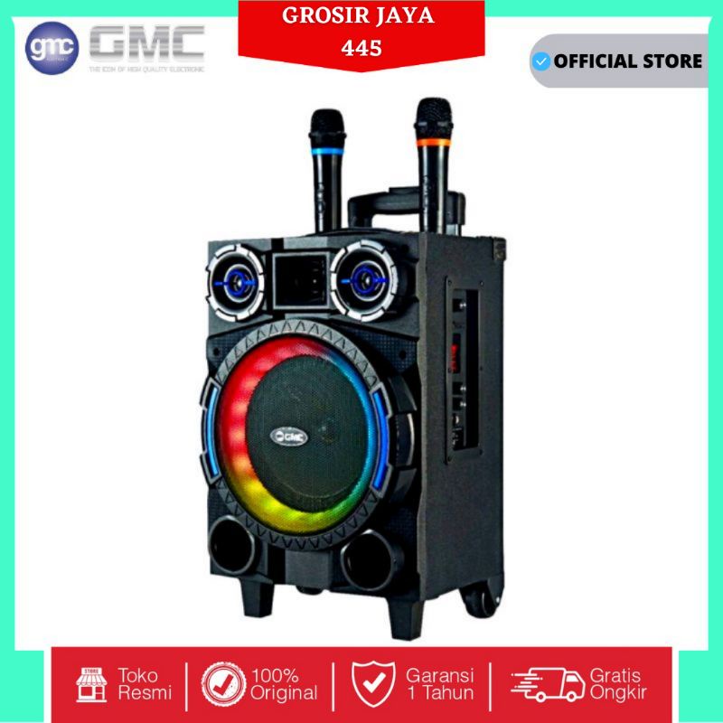 SPEAKER GMC 897T FREE | GRATIS 2 MIC WIRELESS FULL NGEBASS 8in Speaker Travel Karaoke ada roda