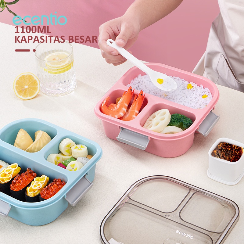 ecentio Kotak Makan 3 Grid 1100ml Anti Tumpah Kotak Bekal Kotak Sup 100ml Free Sendok Lunch Box