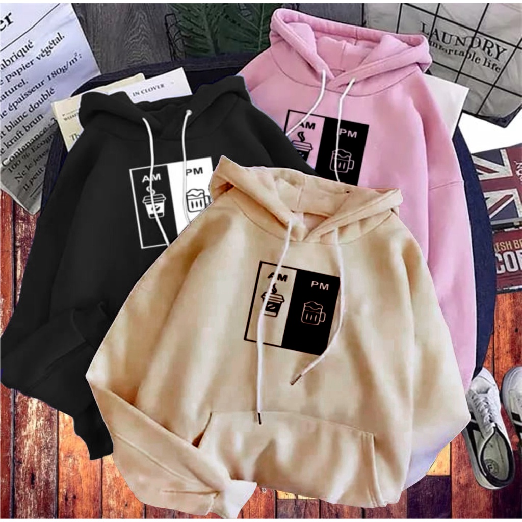 AM PM Coffee Cup Sweater Hoodie Jumper Wanita Size M-L-XL-XXL Bisa Bayar Ditempat (COD)