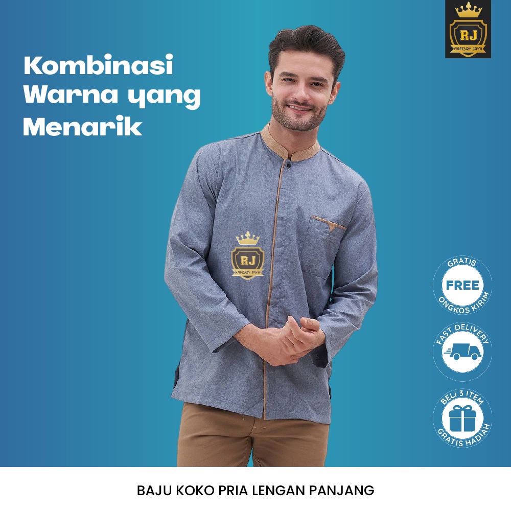Baju Koko Pria Rumi Rafisqy Jaya - Kemeja Kurta Muslimin Lengan Panjang Adem - Atasan Kemko Dewasa P
