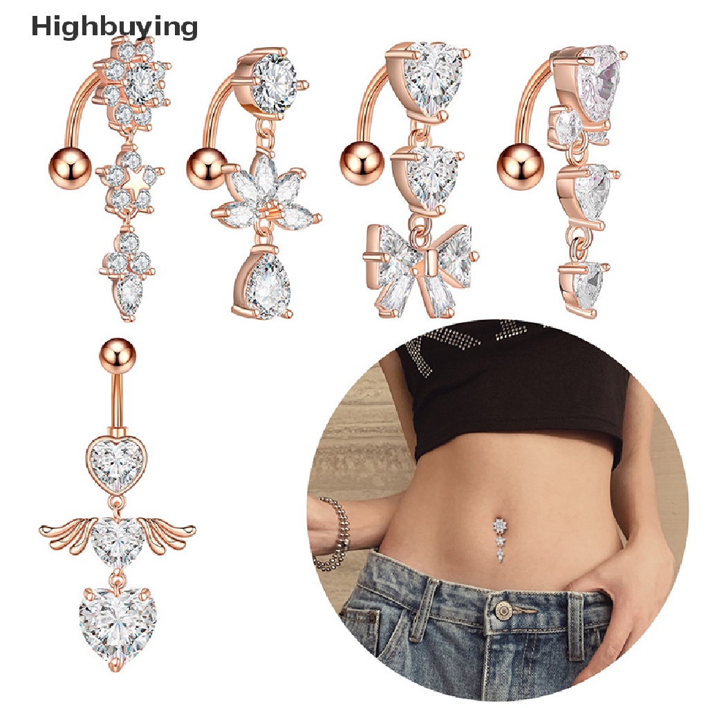 Hbid 1Pcs Reverse Dangel Belly Button Heart Dengan Sayap Bunga Pusar Cincin Glory