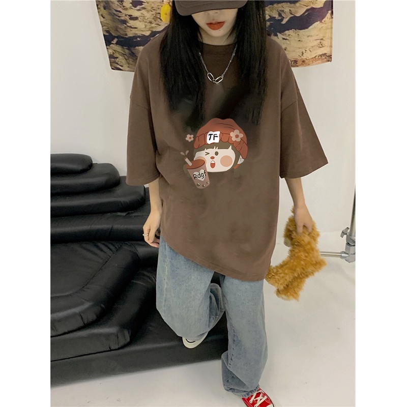 100%  Katun Vintage Kaos Lengan Pendek Cream Atasan Wanita Oversize Cartoon Girl Printed T-shirt Kekinian Korean Style/kaos wanita jumbo