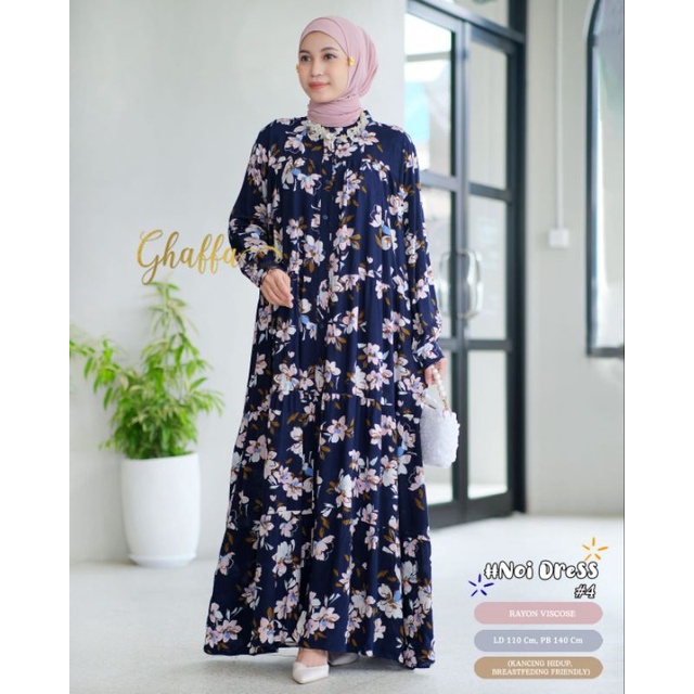 NOI DRESS #4 BY GHAFFA THE LABEL / GAMIS NAVY MOTIF MUSLIMAH / Dress wanita rayon viscose