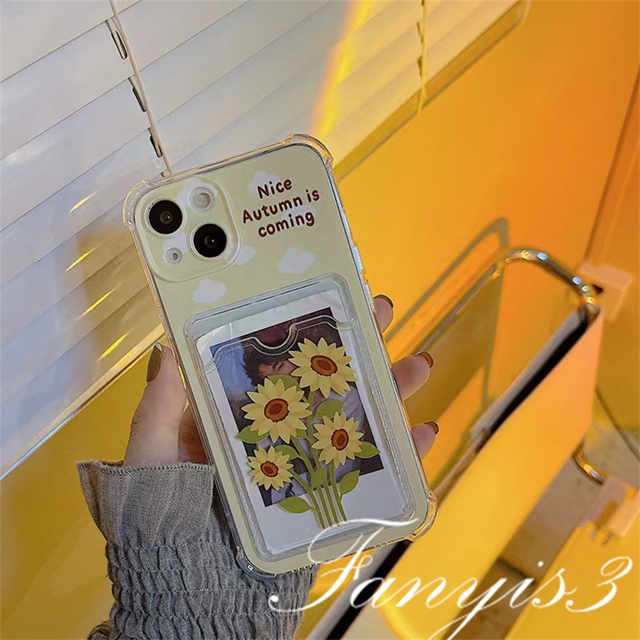 Compatible For IPhone 14 13 12 11 Pro Max X XR Xs Max 8 7 Plus SE 2020 Kompatibel Untuk Cute Sunflower Card Holder Phone Case Bening TPU Soft Cover Pelindung