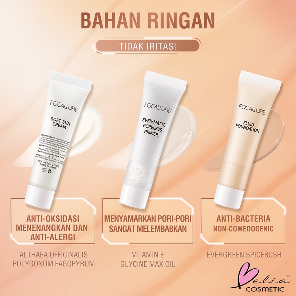 ❤ BELIA ❤ 'FOCALLURE Fluid Foundation | Ever-Matte Poreless Primer | Soft Sun Cream Travel Size 5g | BPOM'