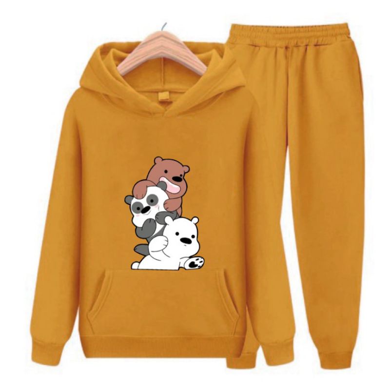 set hoddie pria/set baju santai wanita/setelan denim karakter kartun panda/stelan baju olahraga