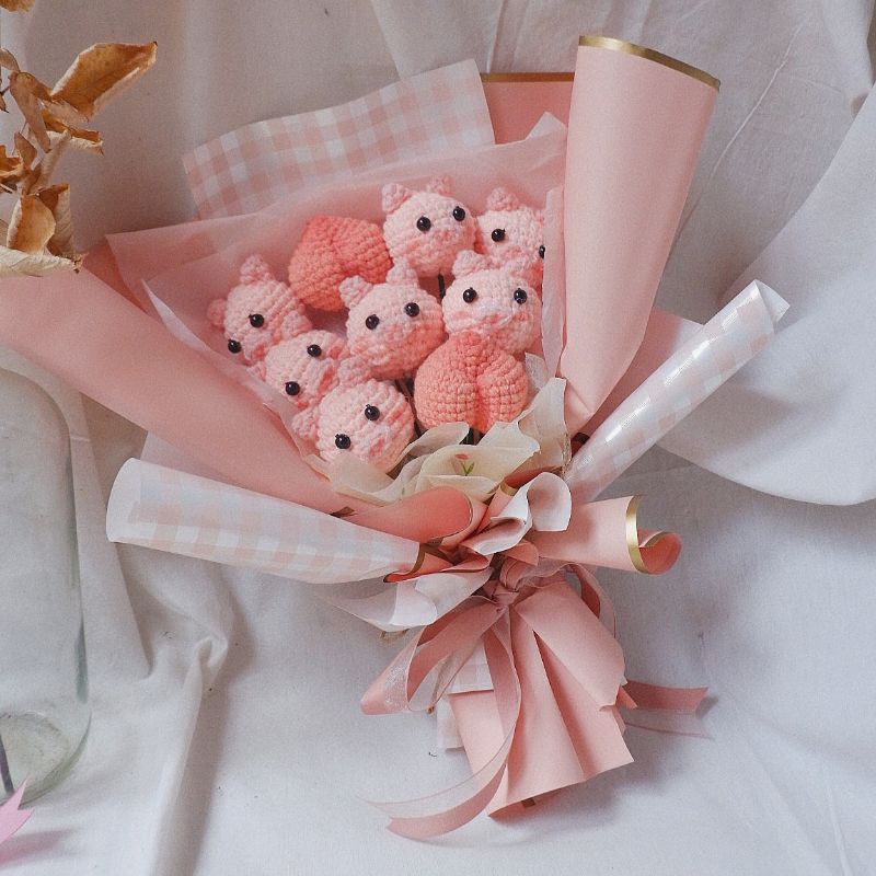 piggy boquet amigurumi doll | buket rajut boneka babi dan buah peach warna pink bouquet