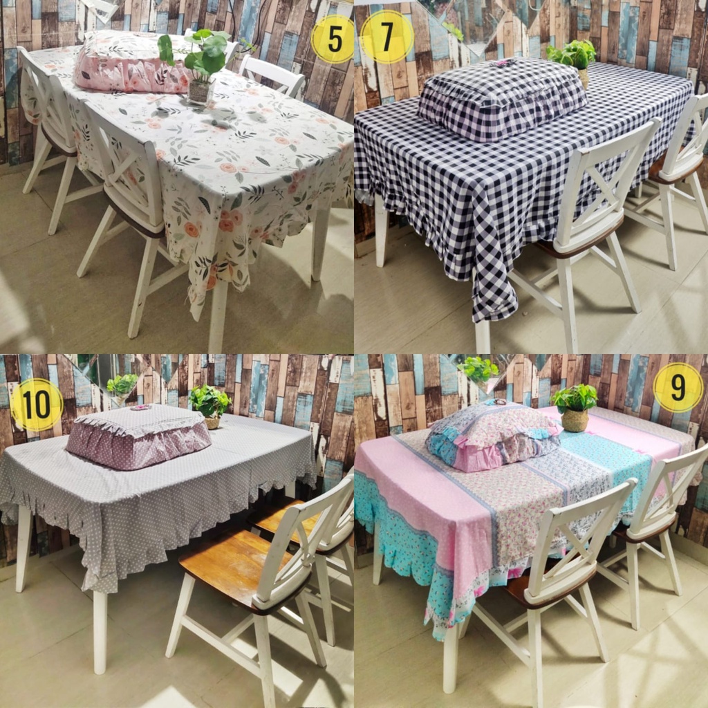 Shafiyyah.sarban Taplak Meja 4 kursi Rempel / Rumbai + Tudung Saji Kotak