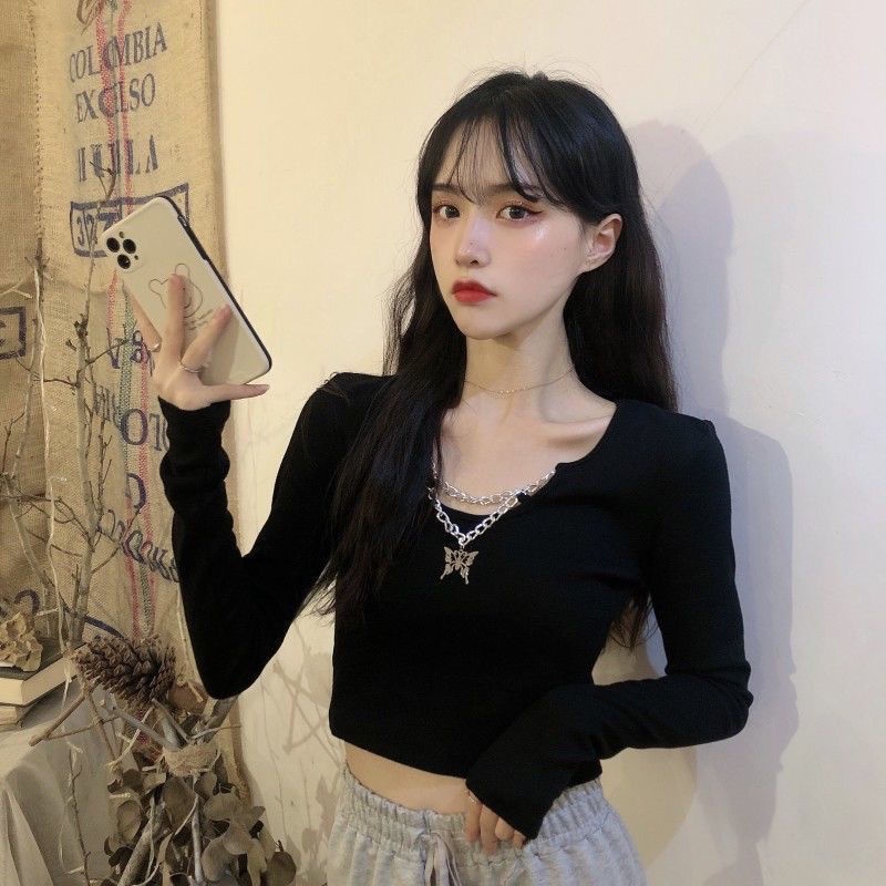 Red 2022 musim gugur gaya Korea baru slim bottoming shirt top rasa desain rantai hitam pendek lengan panjang T-shirt pakaian wanita