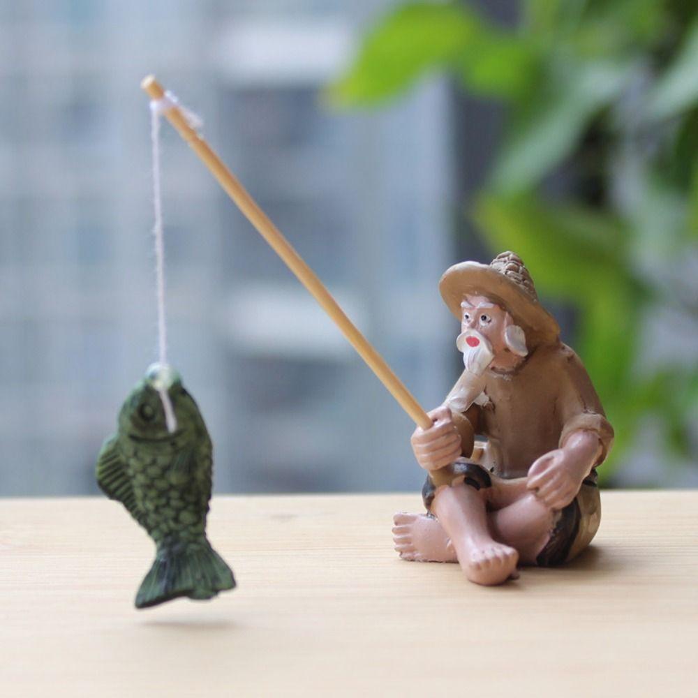 Lanfy Resin Figure Indah Desain Unik Jiang Taigong Alat Peraga Pemandangan Pancing Mudah Digunakan Tangki Ikan Lansekap Mikro Lansekap Postur Duduk Ornamen Taman