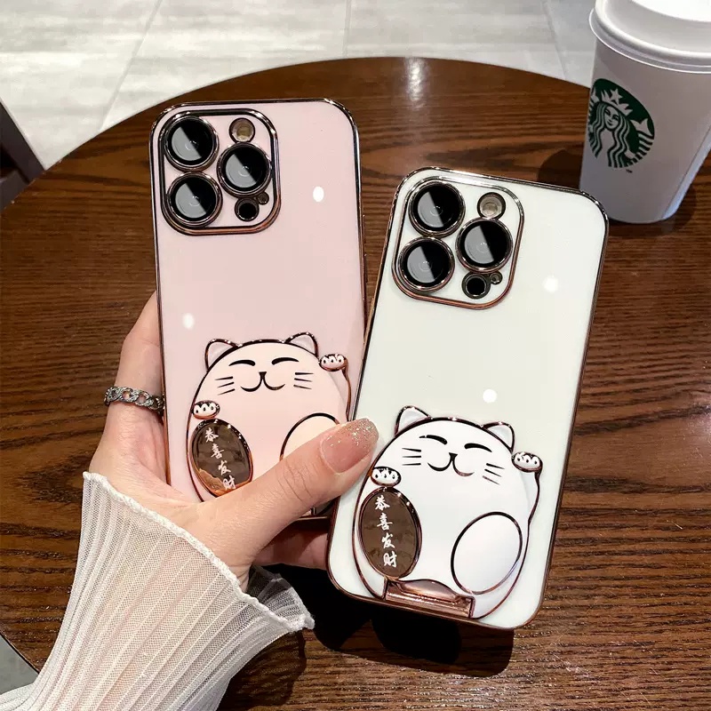 IPHONE 3d Fortune Cat Plating Stand Holder Phone Case Untuk Iphone12 Pro Max13 Pro Max14 Pro Max14Plus Casing Soft Cover Silikon Ultra-Tipis Mewah