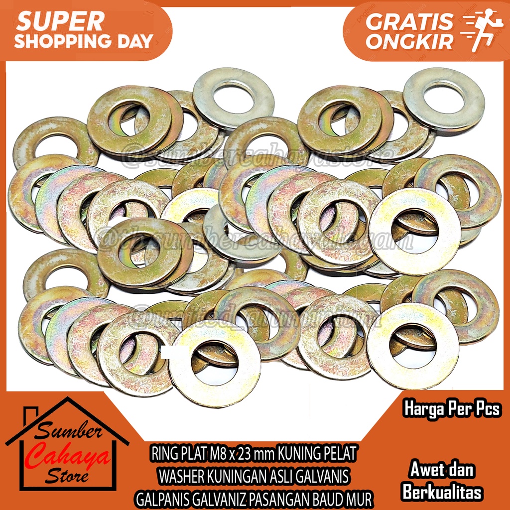 RING PLAT M8 x 23 mm PER PCS KUNING PELAT WASHER KUNINGAN ASLI GALVANIS GALPANIS GALVANIZ PASANGAN B