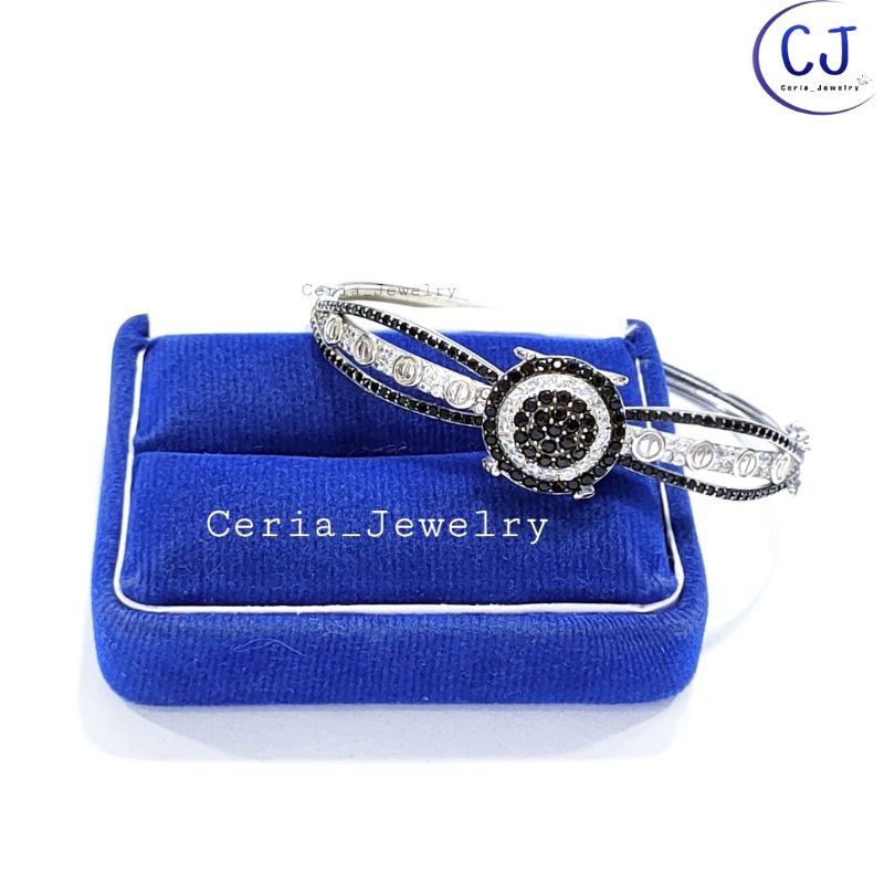 Gelang Perak Asli Silver Wanita 925 Lapis Emas Putih Model Bangle Oval matahitam - Perhiasan Perak