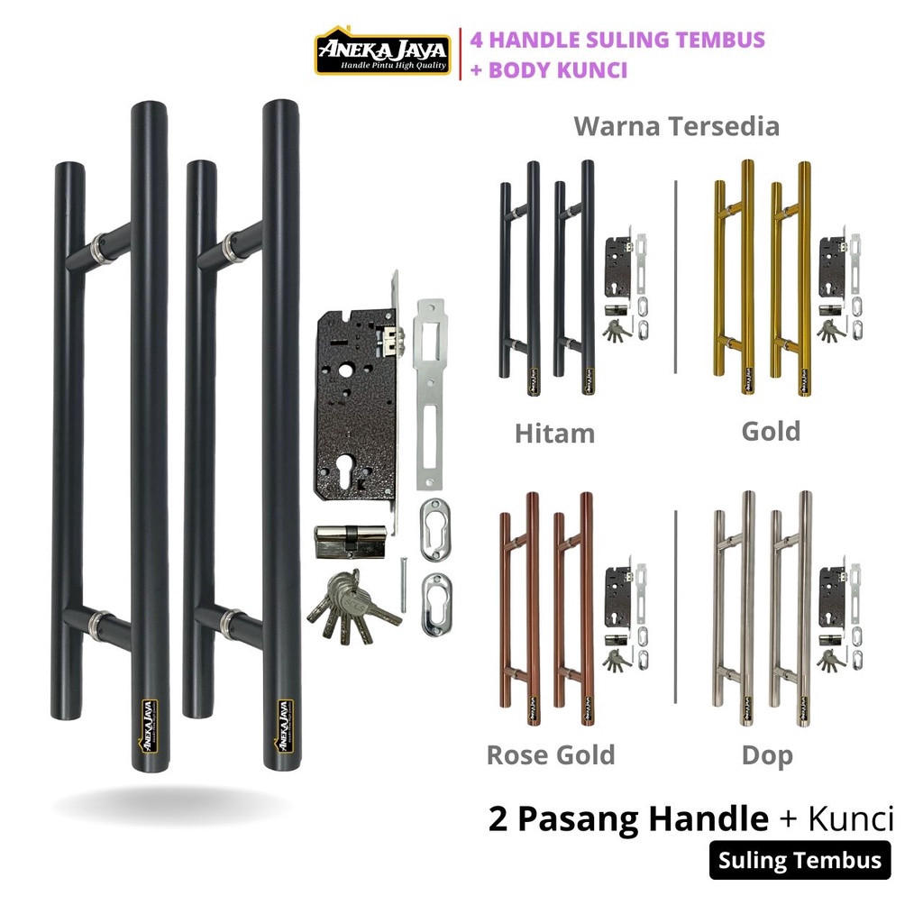 4 Handle Pintu Kaki Tembus Set Kunci - Panjang 60 cm 45 33 - Gagang Tarikan Pegangan Bahan Stainlees Untuk Kayu dan Kaca