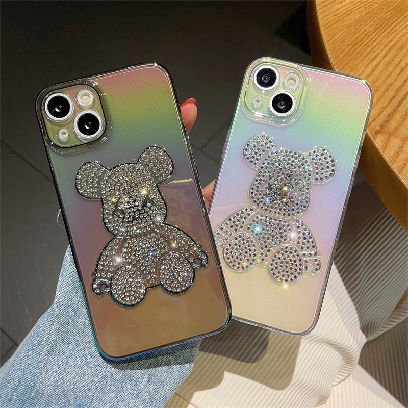 IPHONE Kartun Berlian Beruang Pasir Hisap Casing Ponsel Untuk Iphone11 12 13 14 Pro Xs Max7 8 14 Plus XR X Film Pelindung Lensa Bening Shockproof Cover