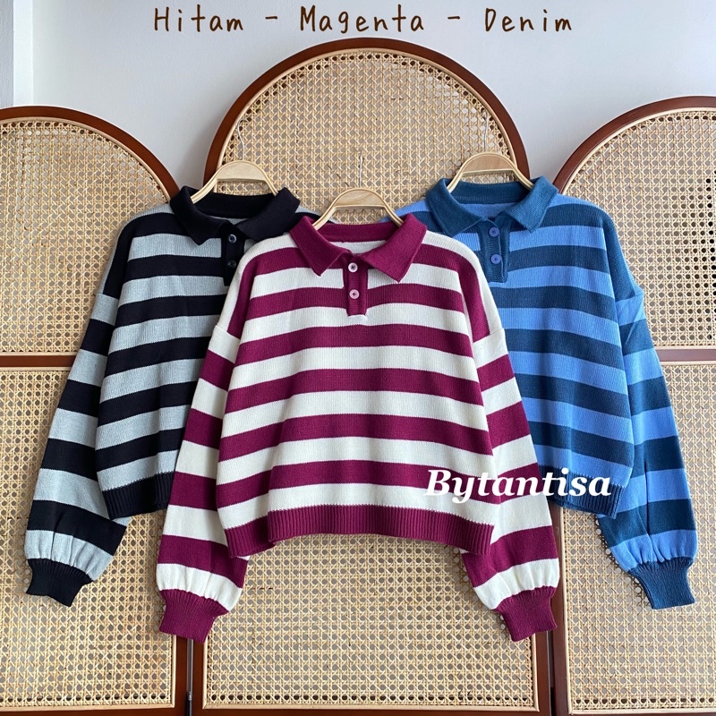 ATASAN POLO RAJUT MOTIF GARIS MEGA