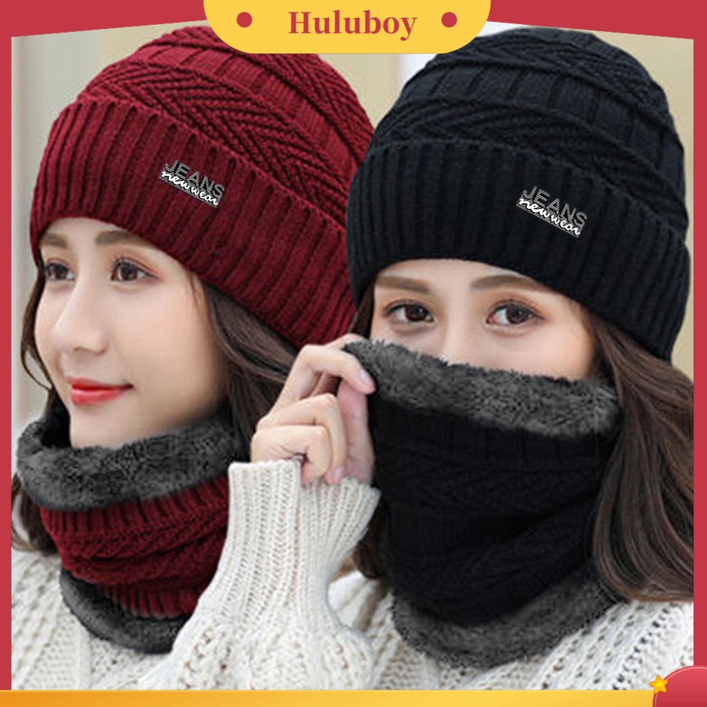 Huluboy Set Topi Kupluk Ramah Kulit Tahan Aus Kain Rajut Anti Luntur Topi Set Penghangat Leher Untuk Wanita