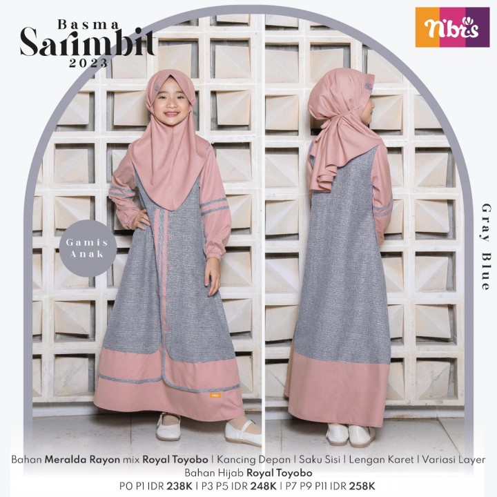Nibras Gamis Anak Perempuan Setelan Set Jilbab Terbaru 2023 Sarimbit Basma Gray Blue Lebaran Promo
