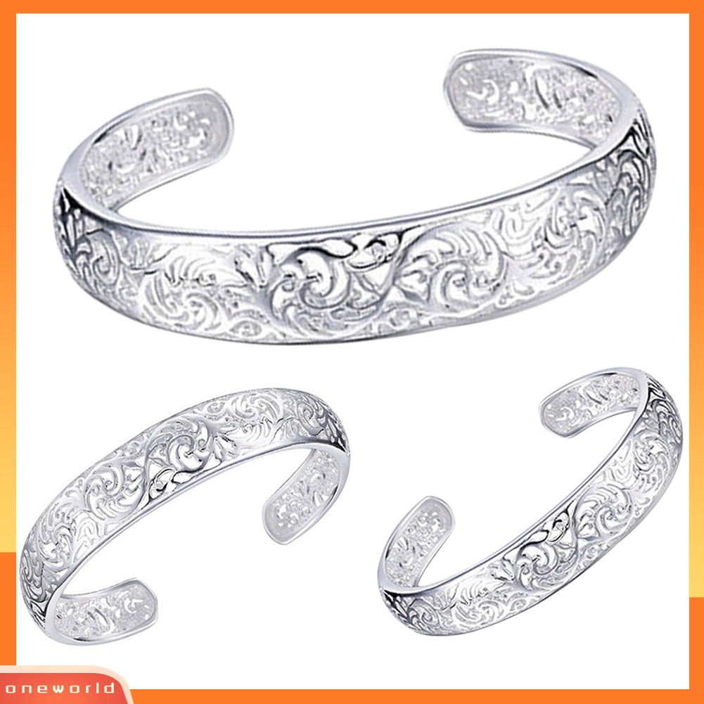 {oneworld} Gelang Cuff Bukaan Pengerjaan Indah Hollow Warna Silver Motif Ukir Retro Bangle Untuk Pesta