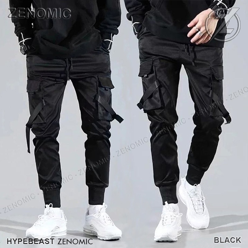 Celana Hypebeast Pants Panjang Pria Zenomic Black - Joger Cargo Cowo Slim Fit Keren Korean Style Dan