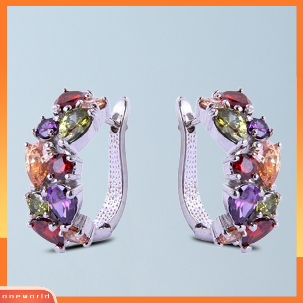 {oneworld} 1pasang Anting Wanita Trendi Warna-Warni Cubic Zirconia Nyaman Dipakai Aksesori Fashion Anting Hoop Untuk Pesta