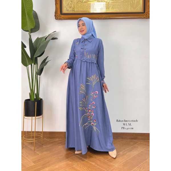 Zaja - Baju Gamis Linen Bordir Motif Bunga Pada Cantik &amp; Mewah Busana Muslim Perempuan Dewasa Dress Muslim Perempuan Dewasa 2022 Busana Muslim Perempuan Polos Rempel Dada &amp; Krah Plus Lengan karet Kekinian Dengan Desain Mewah