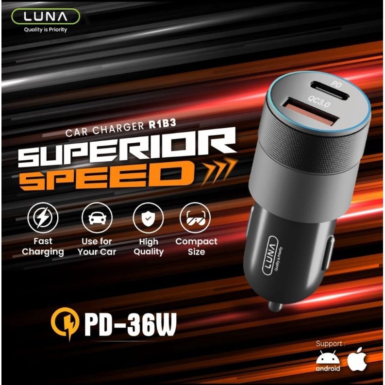 LUNA R1B3 CAR CHARGER COLOKAN MOBIL 2 PORT USB TYPE-C FAST CHARGING PD 36W QC 3.0 QUALCOMM