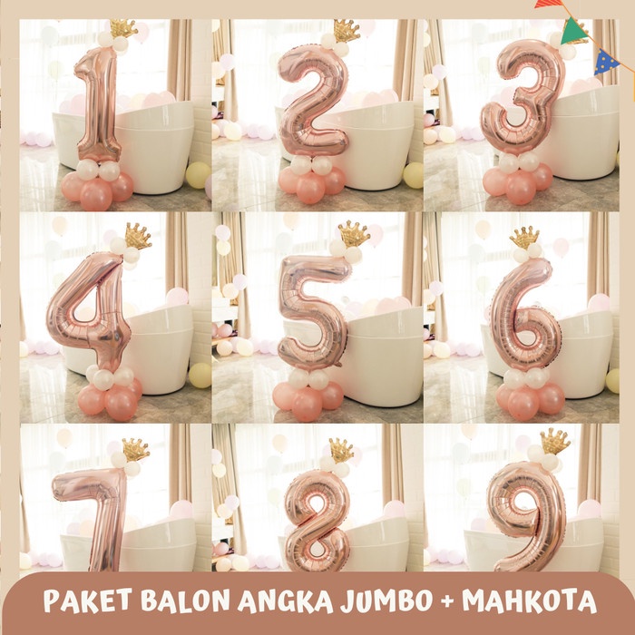 PAKET BALON ANGKA JUMBO CROWN MINI/ BALON ANGKA 100 CM ROSEGOLD