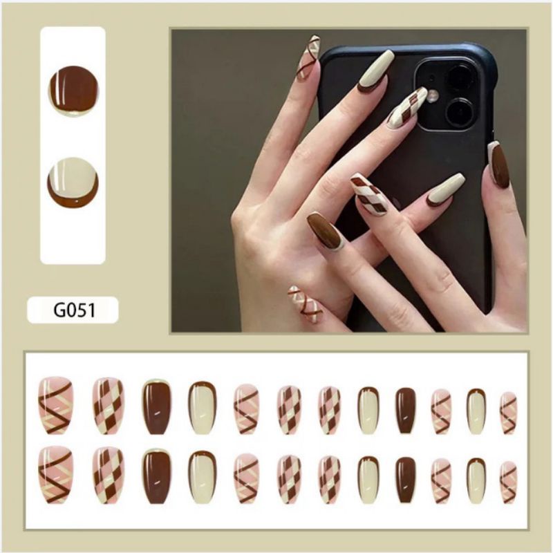 Kuku Palsu 24pcs Dan Lem Fake Nail Art 3D  Kuku Paslu Waterproof Tahan Air