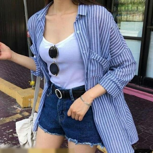 Key - 0112 OUTER STRIPE Size XXL Oversize / Atasan Wanita Kemeja Oversize Katun Hijabers Friendly –K