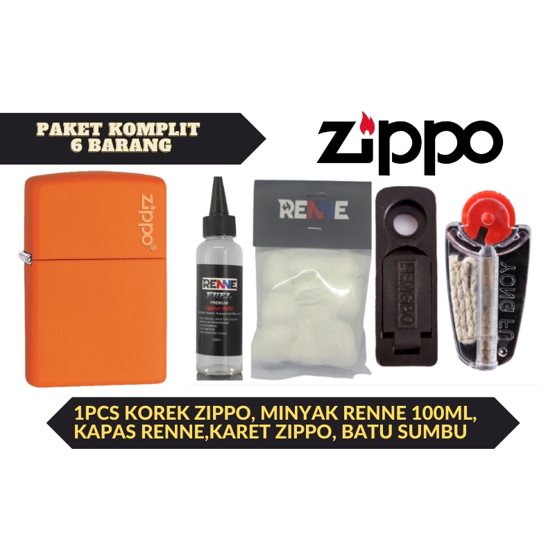 Paket lengkap korek Zippo Orange plus minyak kapas batu sumbu karet tutup zippo