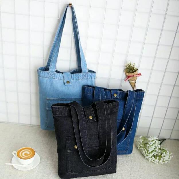 Pocket 1 Denim Tote Bag Kancing Tas Wanita Original Jeans