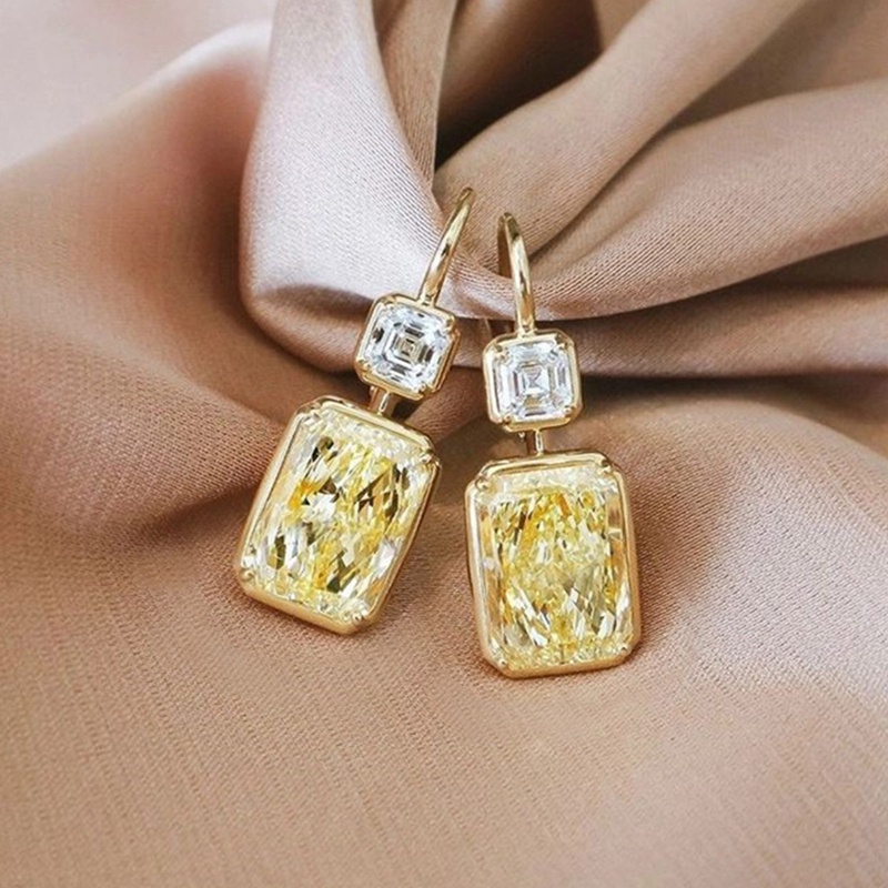 Sederhana Bergaya Persegi Kuning Cubic Zirconia Anting Kait Mewah Warna Emas Wanita Pernikahan Drop Earrings Fashion Perhiasan