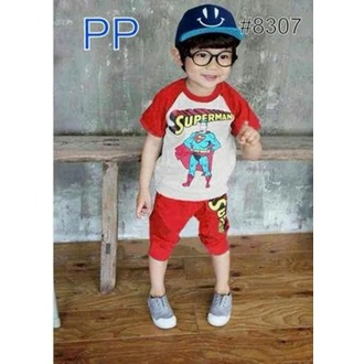 8307 SETELAN PENDEK SUPERMAN PREMIUM PASTEL / BOY 96-4 / SETELAN ANAK COWOK