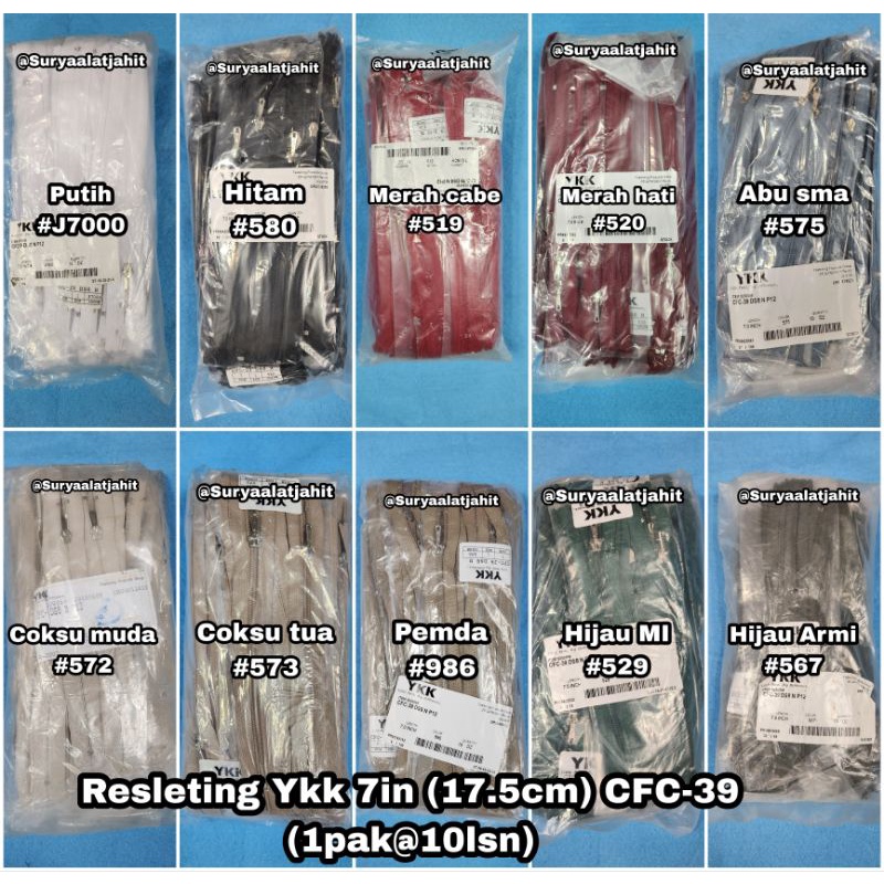 Resleting YKK 7in/17.5cm CFC-39 1pak @10lsn =rp.192.500/1pak