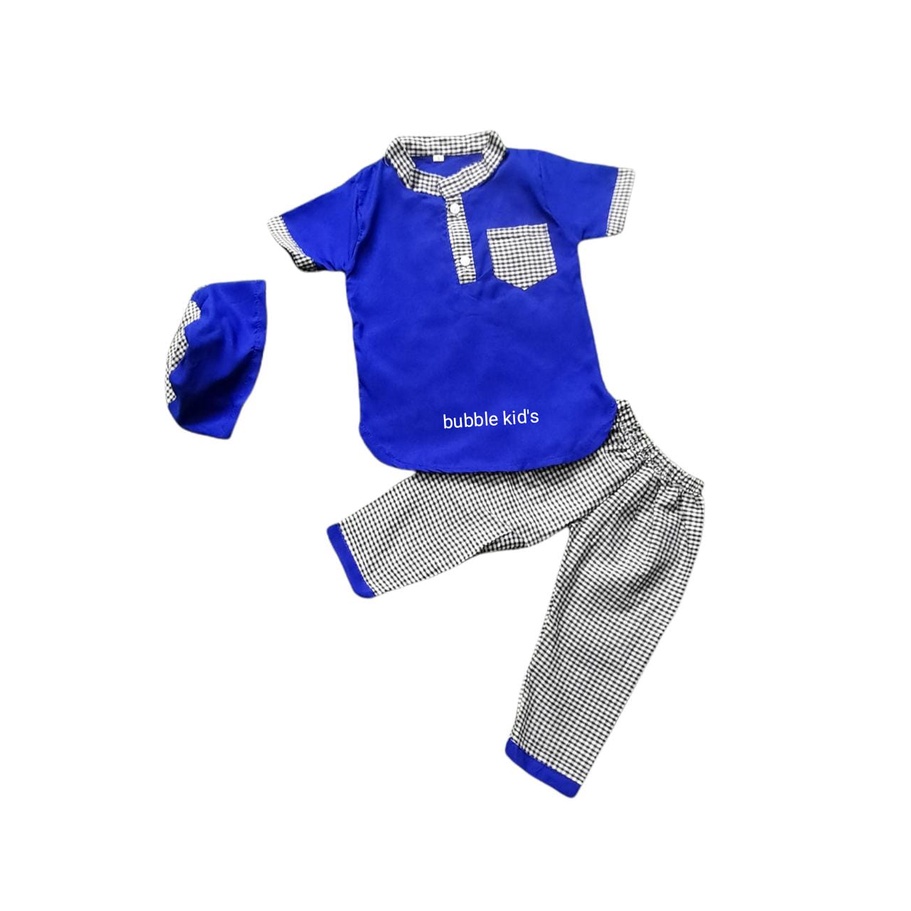 baju anak laki-laki | Koko anak bayi | Koko Turki kotak | setelan Koko + peci bayi dan anak biru