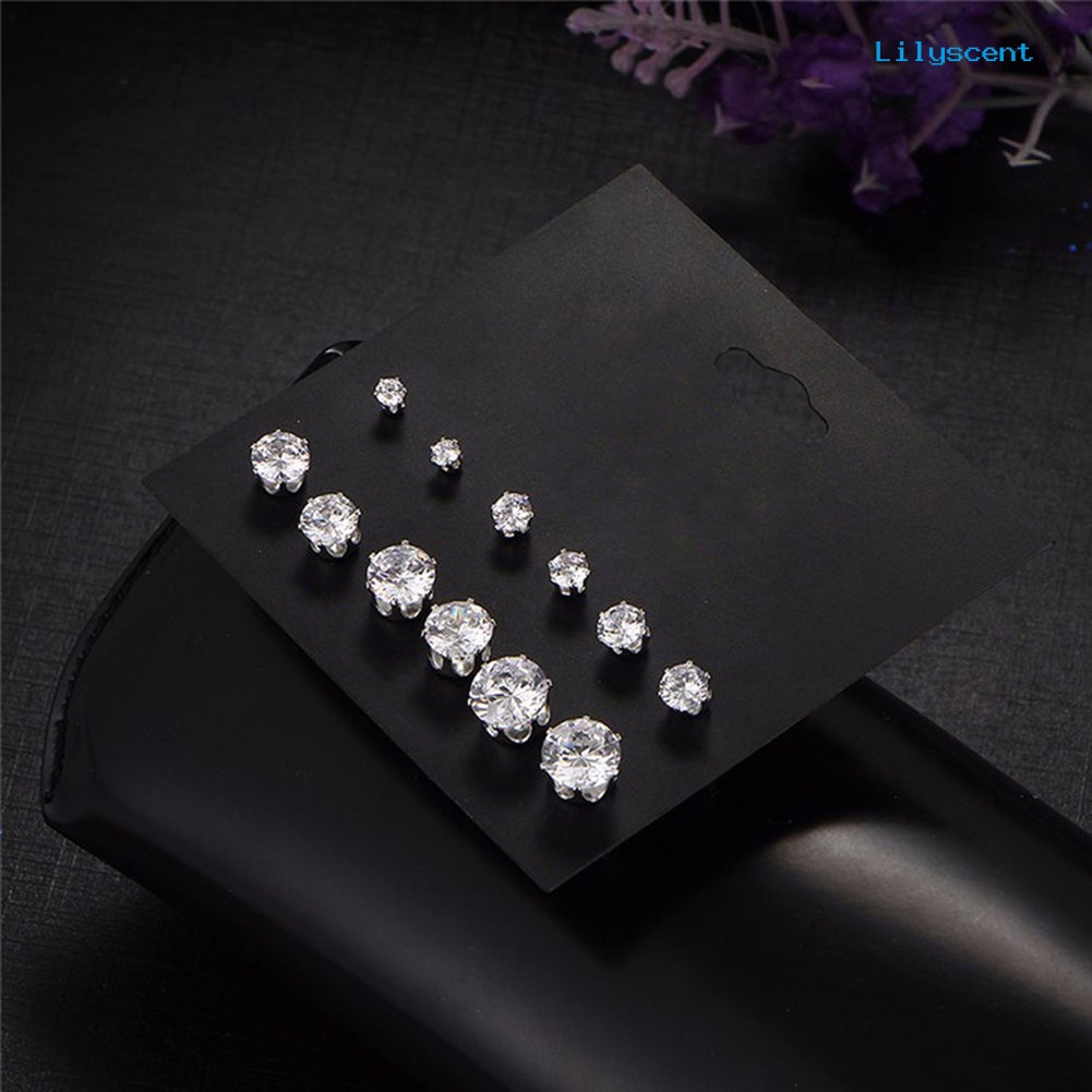 [LS] 6pasang Perhiasan Wanita Bulat Cubic Zirconia CZ Crown Ear Stud Earrings Hadiah Xmas