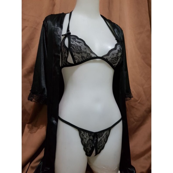 SET 3 IN 1 SET BRA HITAM OPEN LACE KIMONO SATIN SET SEXY BAJU DINAS MALAM ISTRI SOLEHA