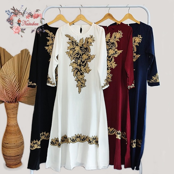 Kaftan Premium Bahan Wollycrepe Full Bordir Motif Bunga Mewah Busana Muslim Wanita Jumbo Gamis Pesta Lebaran Cewek Elegan