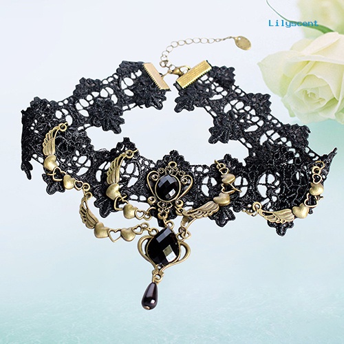 Ls Women's Vintage Gothic Steampunk Choker Renda Jantung Sayap Teardrop Kerah Kalung