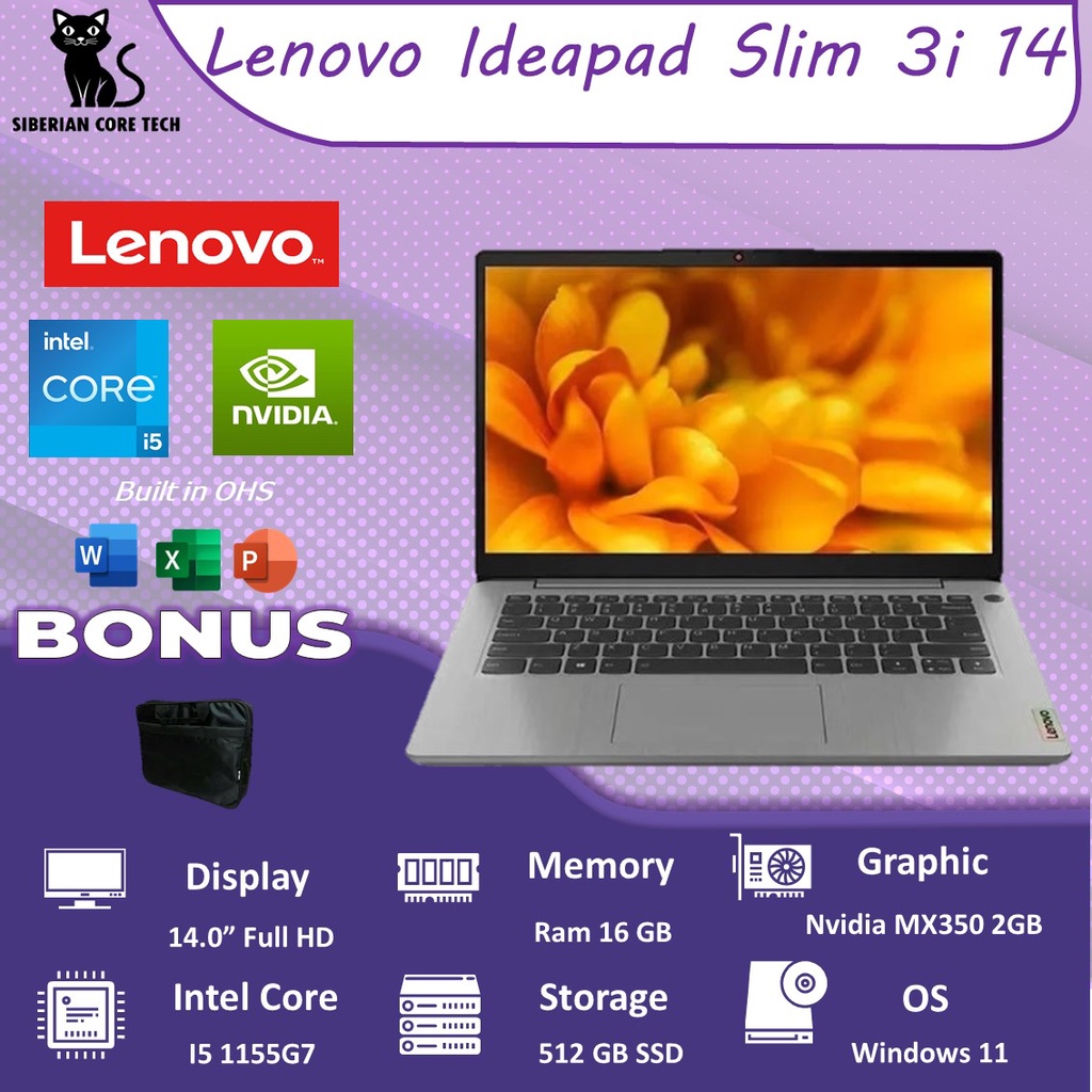 LENOVO IDEAPAD SLIM 3i 14 MX350 2GB/ I5 1155G7 8GB 512SSD W11+OHS 14.0FHD BLIT 2YR PREM GRY -GFID