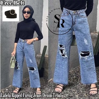 Celana Jeans - Celana Wanita-LABELA RIPPED FURING JEANS CULLOTE-KULOT JEANS SOBEK RAWIS