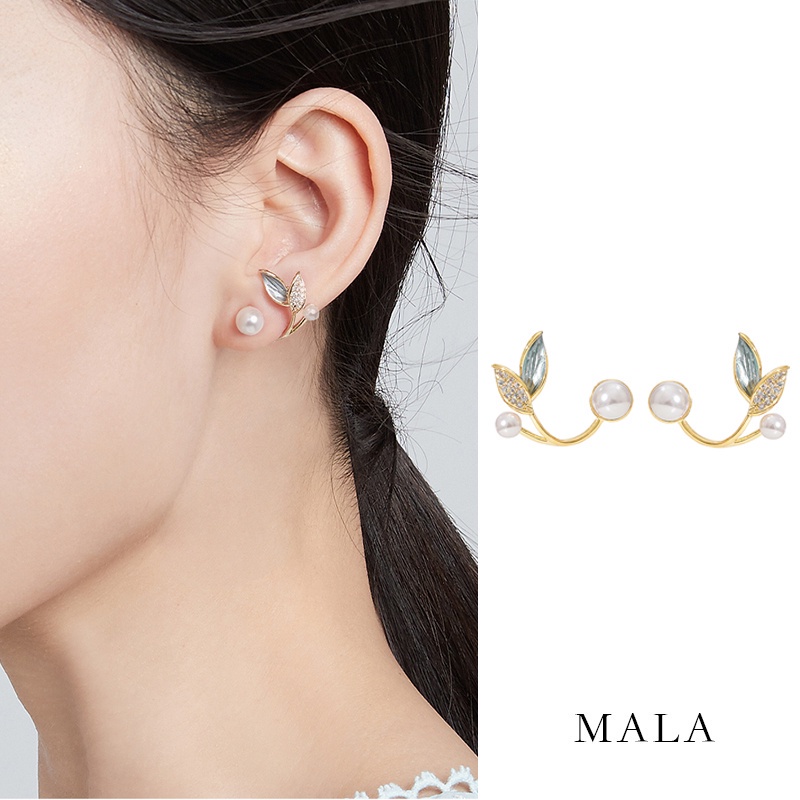 Anting Tusuk Motif Daun Hias Mutiara Imitasi Ala Korea Removable Untuk Wanita