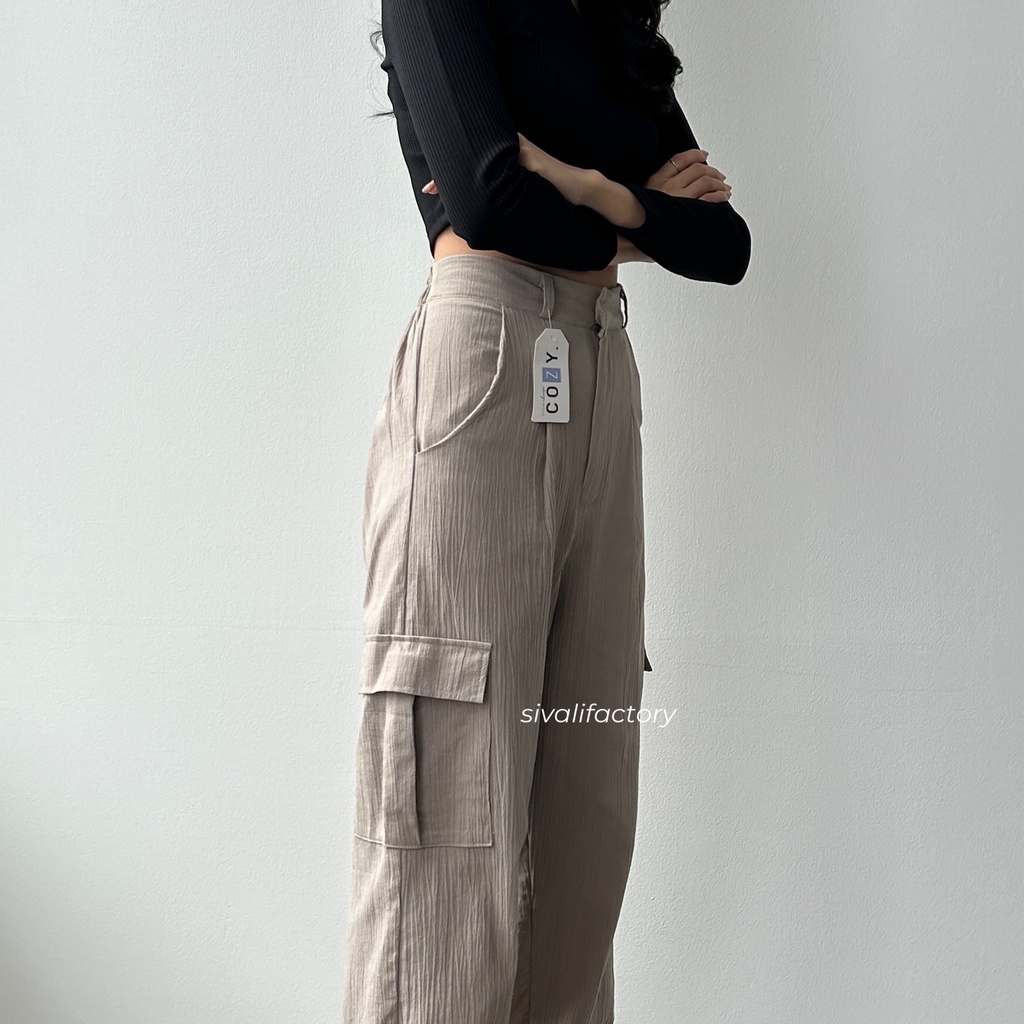 SIVALI Willow Cargo Pants - Celana Kargo Ukuran Petite Linen Crinkle Highwaist - Baggy Cullote Pants