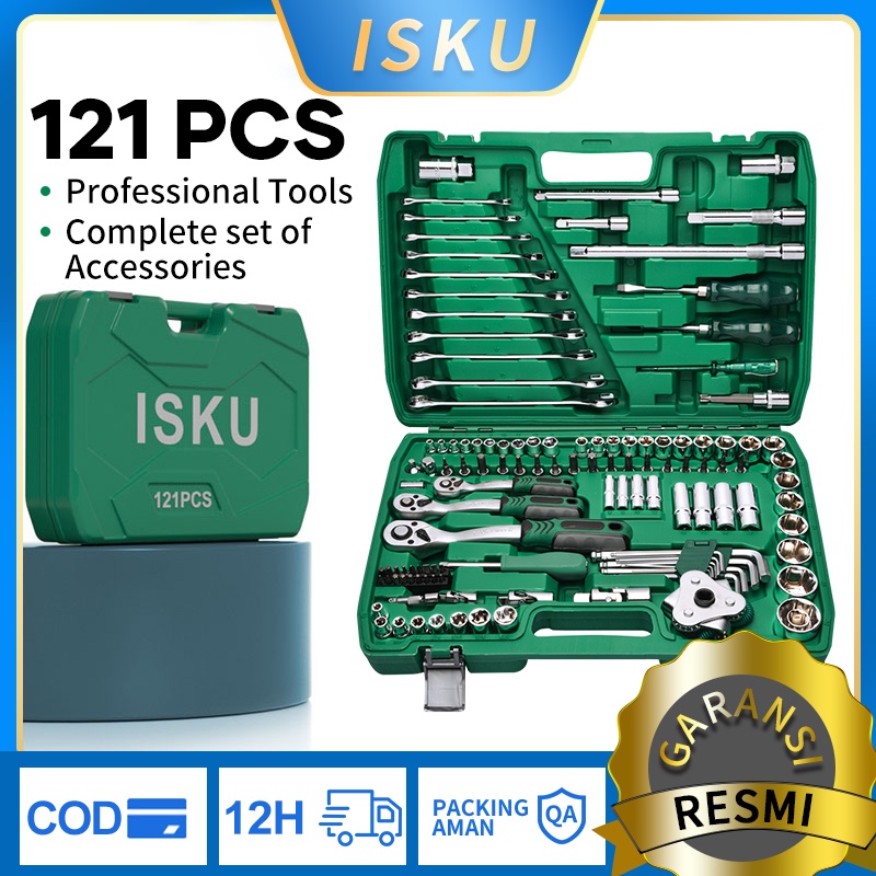 ISKU Kunci Sok Set 121 Pcs 72 gigi Socket Set 1/2 1/4 3/8 Wrench Kunci L Set Termurah Berkualitas tools kit Kunci Ring Pas Set Demolishing Tool Wrench Set