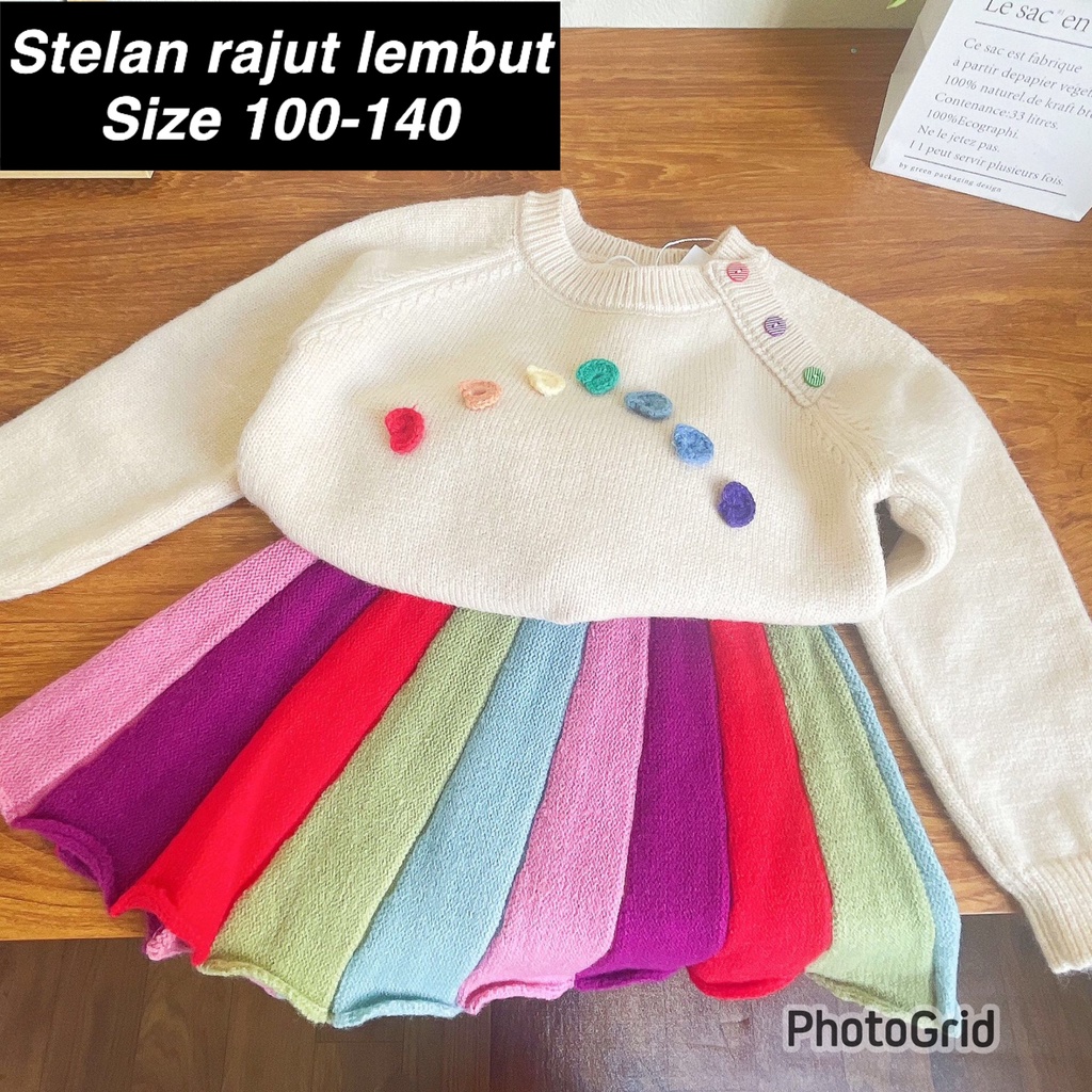 (LOLI-JKT) BS-395 STELAN ANAK CEWEK CREAM RAINBOW ATASAN+ROK SIZE 100-140