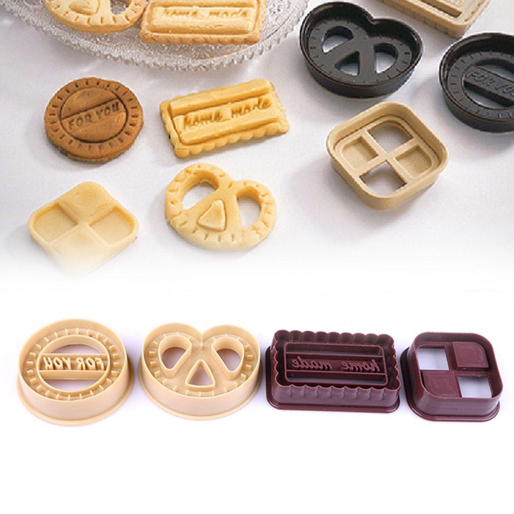 Solighter 4pcs/set Gula Denmark DIY Makanan Fondant Cookie Cutter Cetakan Kue Plunger Persegi Panjang Berbentuk Hati Desain Biskuit Cetakan